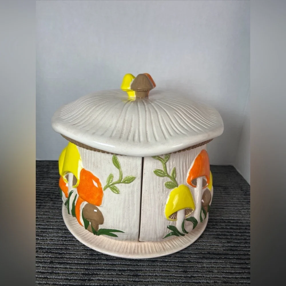Vtg 1974 Arnels 3D Mushroom Divided 4 Canister Lazy Susan W/Lid & Tray-Ceramic - Picture 5 of 16